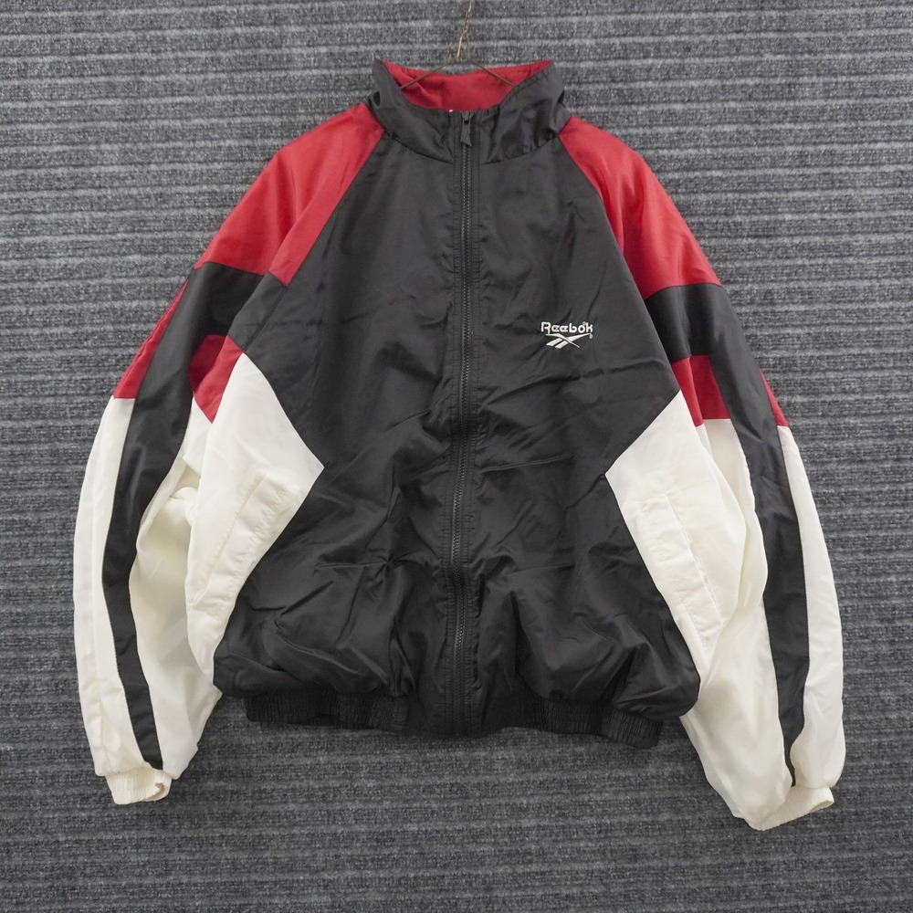 Vintage 90s Reebok Windbreaker Jacket Mens L Black Red Colorblock Full Zip
